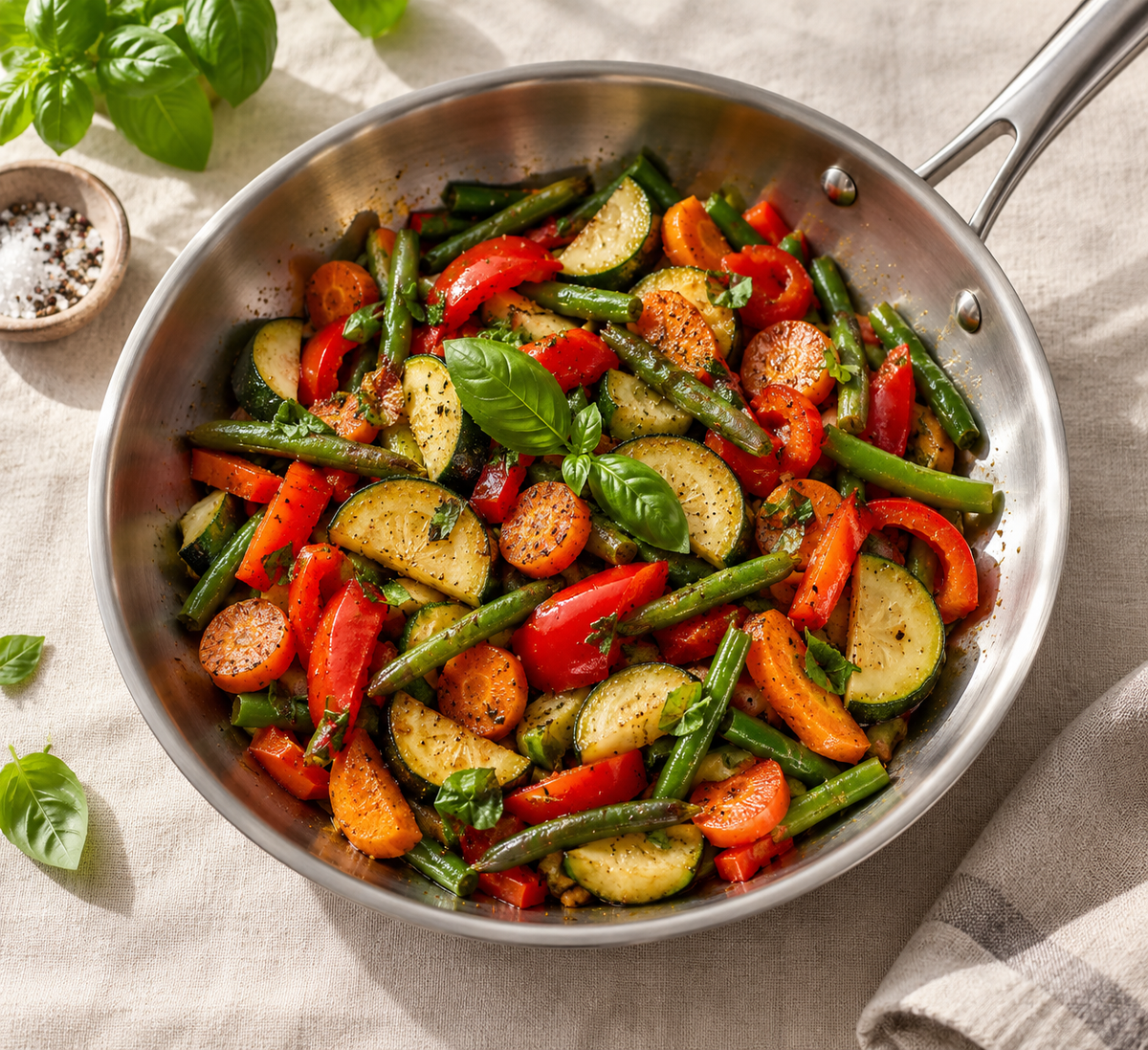 Poêlée de légumes de saison saisis dans une poêle en inox