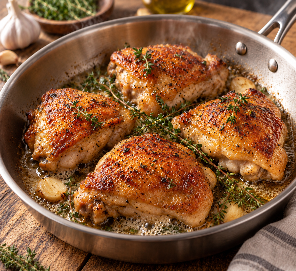 Cuisses de poulet dorées à la poêle en inox